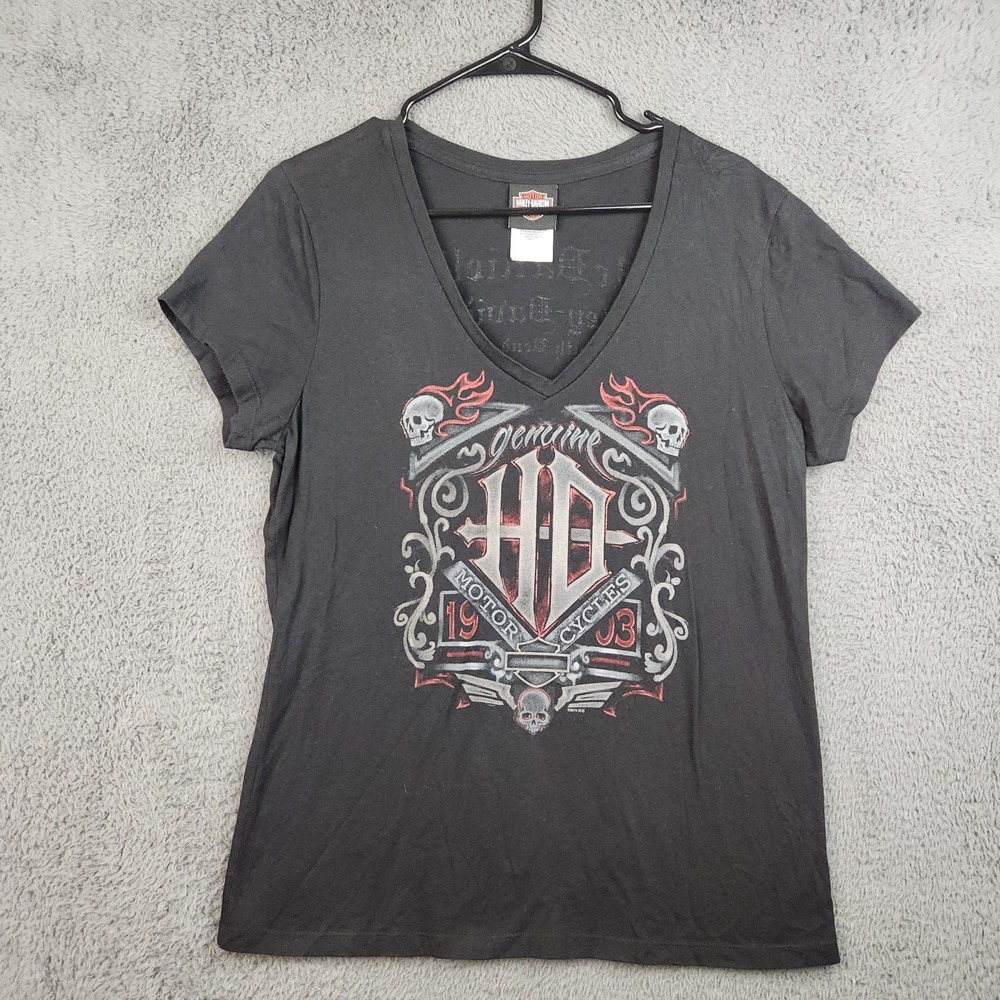 Harley-Davidson Graphic Tee Womens XL Flames Skull Wings Indiana Biker Shirt